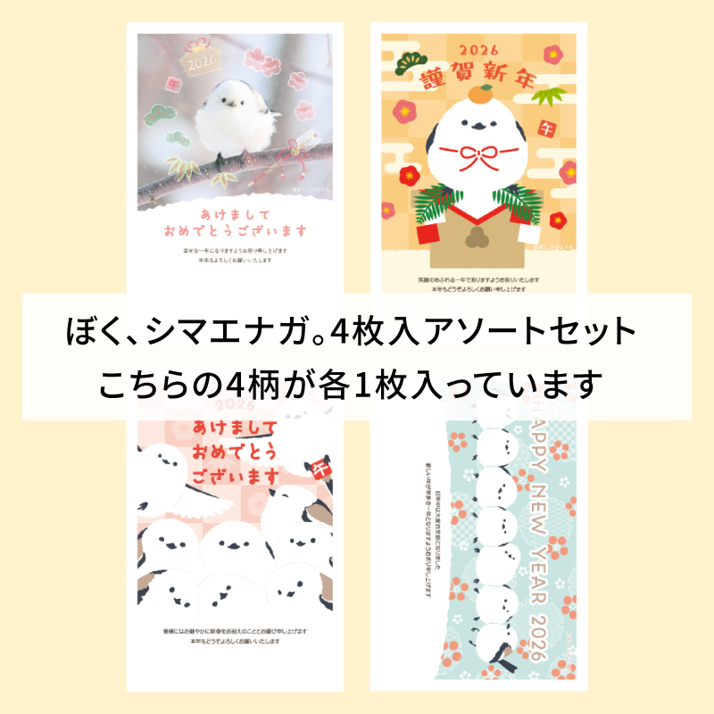 イラスト付き年賀はがき　ぼく、シマエナガ。　カラーSMGアソート①～④4枚入り